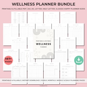 May include: A wellness planner bundle with printable and fillable PDF pages. The bundle includes over 107 pages for yearly, monthly, weekly, and daily planning. The planner is available in A4, A5, Letter, and Half Letter sizes.