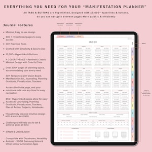 May include: A digital planner for manifestation with a colourful index and tabs. The planner includes a calendar, vision board, and journaling pages. The text "EVERYTHING YOU NEED FOR YOUR "MANIFESTATION PLANNER" is at the top of the image.