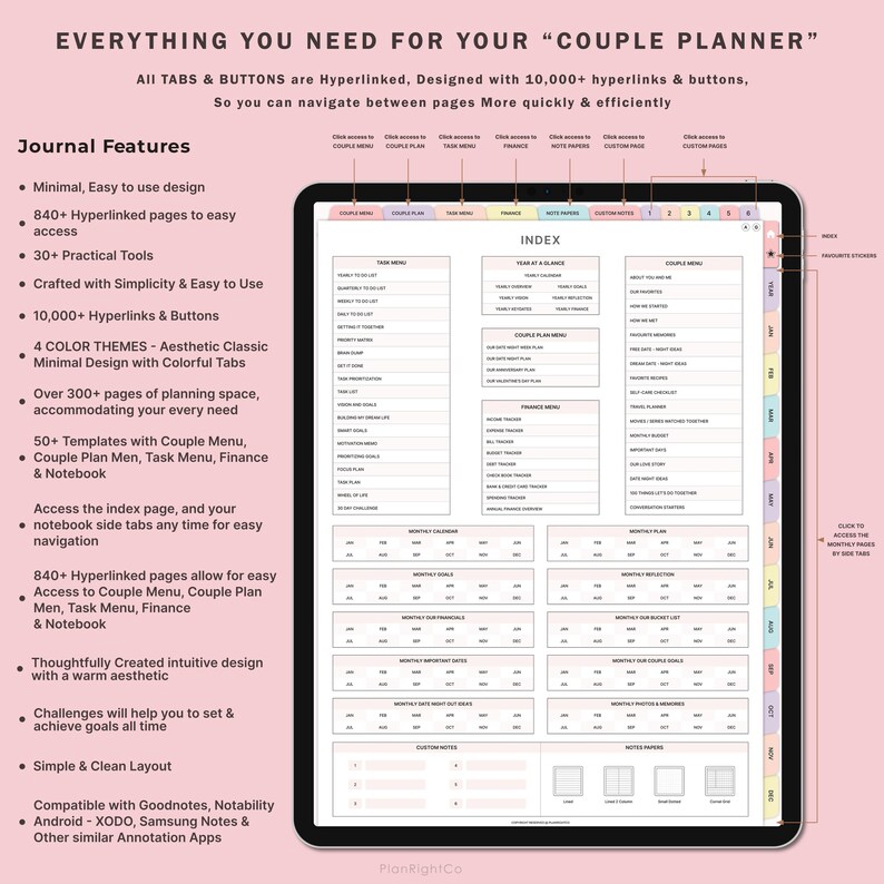 May include: A digital planner for couples with a pink and peach colour scheme. The planner includes sections for "Couple Menu", "Task Menu", "Finance", and "Notebook". The planner is designed with 10,000+ hyperlinks and buttons for easy navigation.