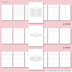 Op de afbeelding: Een verzameling witte plannerpagina's met grijze tekst, waaronder secties voor "Teacher Planning" en "Parent Menu". De pagina's zijn gerangschikt op een roze achtergrond, met de tekst "& MORE" en "A4, LETTER, CLASSIC HP, A5, HALF LETTER SIZES".