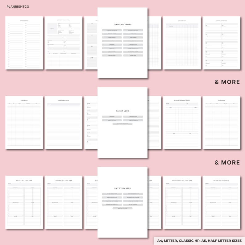 Op de afbeelding: Een verzameling witte plannerpagina's met grijze tekst, waaronder secties voor "Teacher Planning" en "Parent Menu". De pagina's zijn gerangschikt op een roze achtergrond, met de tekst "& MORE" en "A4, LETTER, CLASSIC HP, A5, HALF LETTER SIZES".