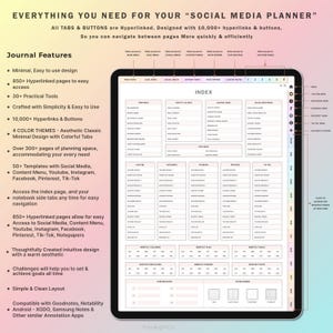 May include: A digital planner for social media with a pink and white color scheme. The planner includes tabs for different social media platforms, such as YouTube, Instagram, Facebook, Pinterest, and TikTok. The planner also includes a calendar, a monthly plan, and a monthly goals section. The planner is designed to help users organize their social media content and schedule posts.