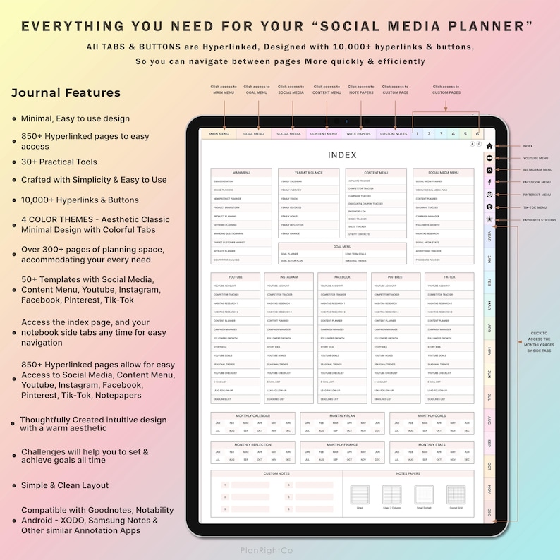 May include: A digital planner for social media with a pink and white color scheme. The planner includes tabs for different social media platforms, such as YouTube, Instagram, Facebook, Pinterest, and TikTok. The planner also includes a calendar, a monthly plan, and a monthly goals section. The planner is designed to help users organize their social media content and schedule posts.