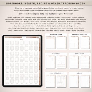 May include: A digital tablet screen displaying a variety of notebook page templates. The templates include different grid styles, lined paper, and graph paper. The templates are labeled with titles such as "Notes", "Wellness", "Challenges", "Recipe Trackers", and "Health".