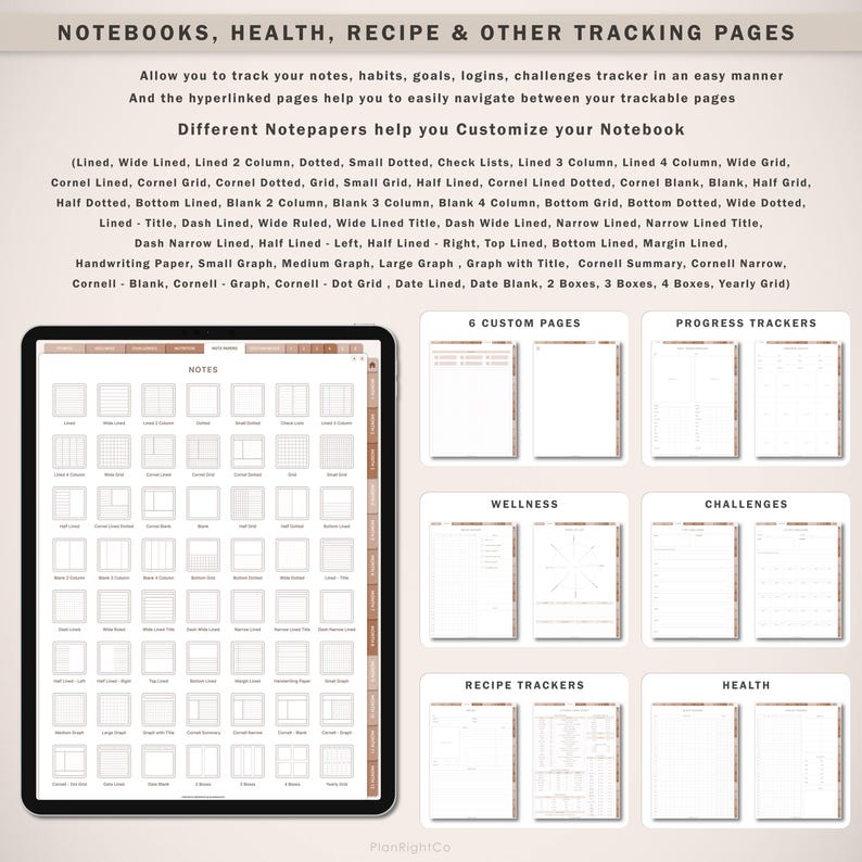May include: A digital tablet screen displaying a variety of notebook page templates. The templates include different grid styles, lined paper, and graph paper. The templates are labeled with titles such as "Notes", "Wellness", "Challenges", "Recipe Trackers", and "Health".