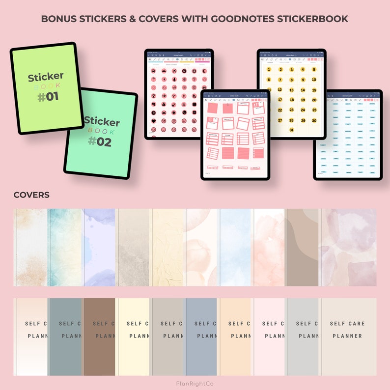 May include: Two digital sticker books for Goodnotes, one green and one pink, with the text "Sticker Book #01" and "Sticker Book #02".  There are also four digital pages of stickers, including numbers, icons, and checklists.  The image also shows ten different digital planner covers with watercolor backgrounds.