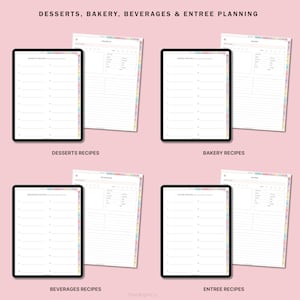 May include: Four digital planner pages for desserts, bakery, beverages, and entrees. Each page has a title and a list of blank lines for writing recipes.