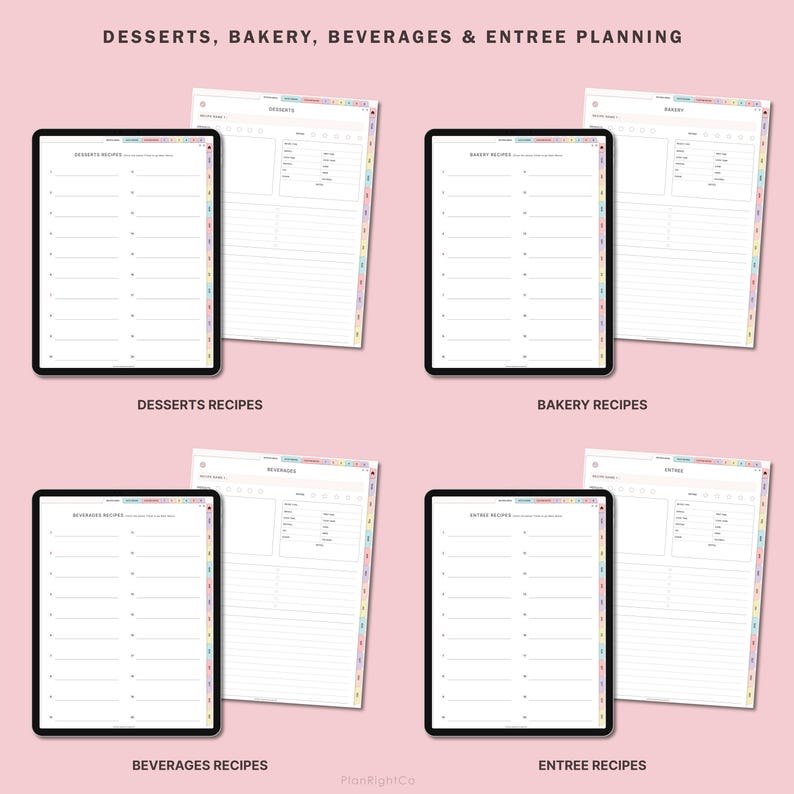 May include: Four digital planner pages for desserts, bakery, beverages, and entrees. Each page has a title and a list of blank lines for writing recipes.