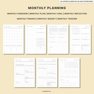 May include: A collection of printable monthly planning pages in various sizes, including A4, Letter, Classic HP, A5, and Half Letter. The pages include sections for monthly overview, plan, goal, reflection, finance, budget, and tracker. The text "MONTHLY PLANNING" is at the top.