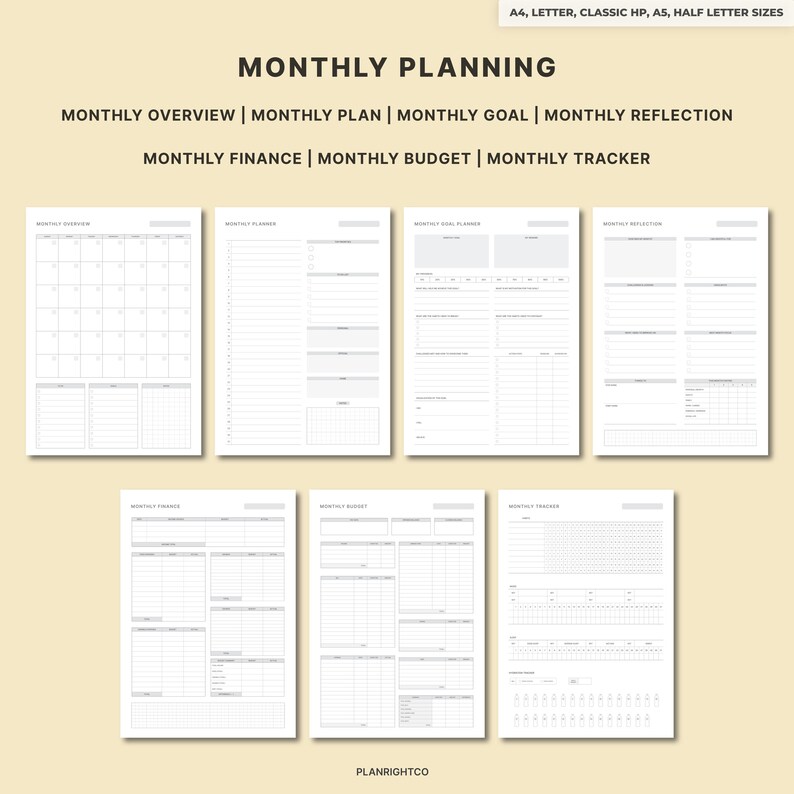 May include: A collection of printable monthly planning pages in various sizes, including A4, Letter, Classic HP, A5, and Half Letter. The pages include sections for monthly overview, plan, goal, reflection, finance, budget, and tracker. The text "MONTHLY PLANNING" is at the top.