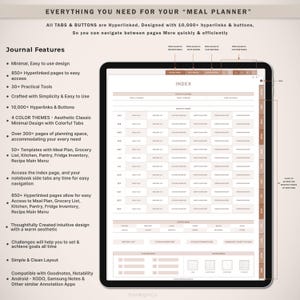 May include: A digital meal planner with a brown and white color scheme. The planner includes a monthly calendar, grocery list, kitchen inventory, and custom notes. The planner is designed with 10,000+ hyperlinks and buttons for easy navigation.