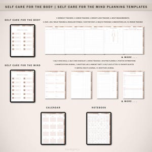 May include: Printable digital planner templates for self-care for the body and mind. The templates include trackers for workouts, weight loss, mood, gratitude, and more. The templates are designed in a minimalist style with a light brown and white colour scheme.