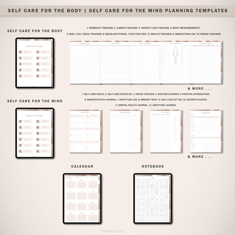 May include: Printable digital planner templates for self-care for the body and mind. The templates include trackers for workouts, weight loss, mood, gratitude, and more. The templates are designed in a minimalist style with a light brown and white colour scheme.