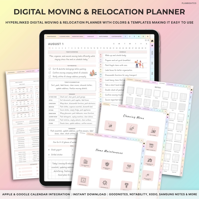 May include: A digital planner for moving and relocation with a colorful design. The planner includes sections for inventory, checklists, notes, and custom notes. The planner is designed to be used with digital note-taking apps like Goodnotes, Notability, Xodo, and Samsung Notes.
