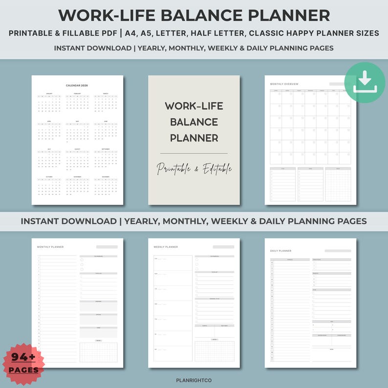 Work Life Balance Planner Printable | Office Tasks Work From Home ...