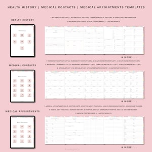 Puede incluir: Plantillas imprimibles de historial m&eacute;dico, contactos y citas. Las plantillas est&aacute;n dise&ntilde;adas en un esquema de color rosa y blanco con un dise&ntilde;o simple y moderno. Las plantillas incluyen secciones para el historial m&eacute;dico, los contactos m&eacute;dicos y las citas m&eacute;dicas.