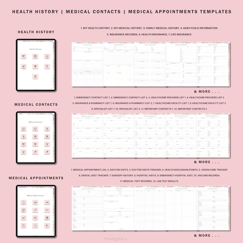 Puede incluir: Plantillas imprimibles de historial m&eacute;dico, contactos y citas. Las plantillas est&aacute;n dise&ntilde;adas en un esquema de color rosa y blanco con un dise&ntilde;o simple y moderno. Las plantillas incluyen secciones para el historial m&eacute;dico, los contactos m&eacute;dicos y las citas m&eacute;dicas.