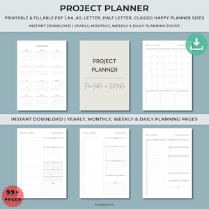 Könnte beinhalten: Ein digitaler Projektplaner mit druckbaren und ausfüllbaren PDF-Seiten. Der Planer enthält Jahres-, Monats-, Wochen- und Tagesplanungsseiten. Auf dem Cover steht "PROJECT PLANNER" und "Printable & Editable". Das Bild zeigt auch einen Kalender und eine Monatsübersicht.