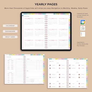 Op de afbeelding: Een digitale planner met jaarlijkse pagina's, inclusief kalender, dashboard en meest gebruikte secties. De planner wordt weergegeven op een tablet met hyperlinks voor eenvoudige navigatie.