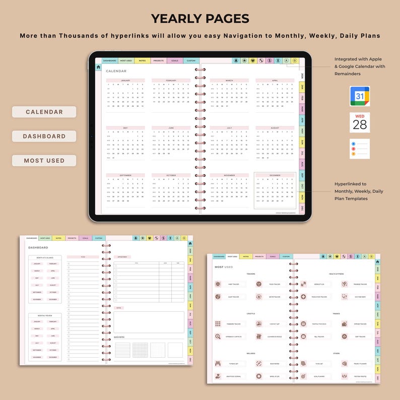 Op de afbeelding: Een digitale planner met jaarlijkse pagina's, inclusief kalender, dashboard en meest gebruikte secties. De planner wordt weergegeven op een tablet met hyperlinks voor eenvoudige navigatie.