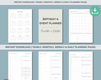 Planificador de eventos de cumpleaños imprimible / Lista de verificación para fiestas Lista de invitados Presupuesto / Baby Shower Boda Cumpleaños Organizador Menú Lista de tareas A4 A5 Paquete
