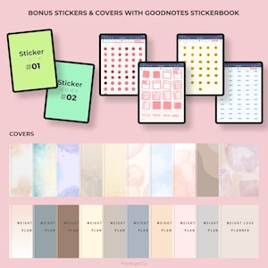 May include: Two green sticker books with the text "Sticker Book #01" and "Sticker Book #02" on them. Four digital screens with different sticker designs for Goodnotes.  A set of 10 watercolour covers for a digital planner.  The covers include a variety of colours and textures, including beige, brown, blue, and pink.  The text "Weight Plan" and "Weight Loss Planner" is printed on the bottom row of covers.
