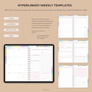 Op de afbeelding: Digitaal wekelijks planner sjabloon met hyperlinks voor eenvoudige navigatie. Bevat secties voor planning, schema, reflectie en maaltijdplanning. De planner wordt weergegeven op een tablet met een spiraalbinding en kleurrijke tabbladen.