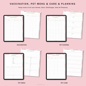 May include: A digital planner with six different sections for pet care, including vaccination, medication, expenses, care information, and vet visits. The planner is designed to help pet owners keep track of their pet's health and well-being.