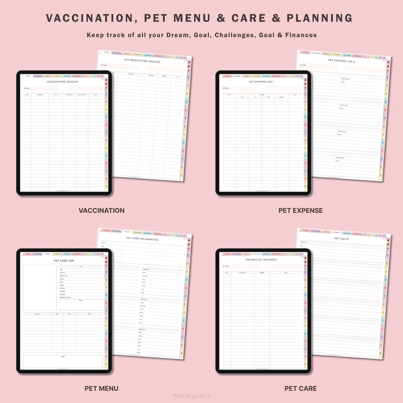 May include: A digital planner with six different sections for pet care, including vaccination, medication, expenses, care information, and vet visits. The planner is designed to help pet owners keep track of their pet's health and well-being.