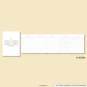 May include: A set of white printable finance planner pages with grid layouts and the word "Finance" at the top. The pages include sections for tracking income, expenses, and more. The text "& MORE" is visible. The planner is available in A4, Letter, Classic HP, A5, and Half Letter sizes.