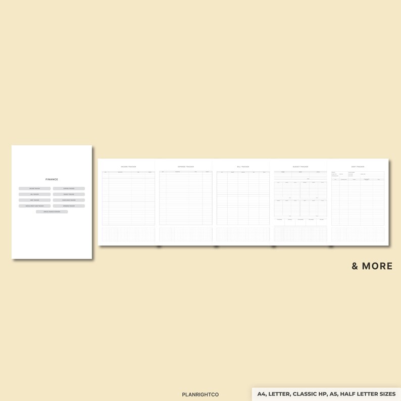 May include: A set of white printable finance planner pages with grid layouts and the word "Finance" at the top. The pages include sections for tracking income, expenses, and more. The text "& MORE" is visible. The planner is available in A4, Letter, Classic HP, A5, and Half Letter sizes.