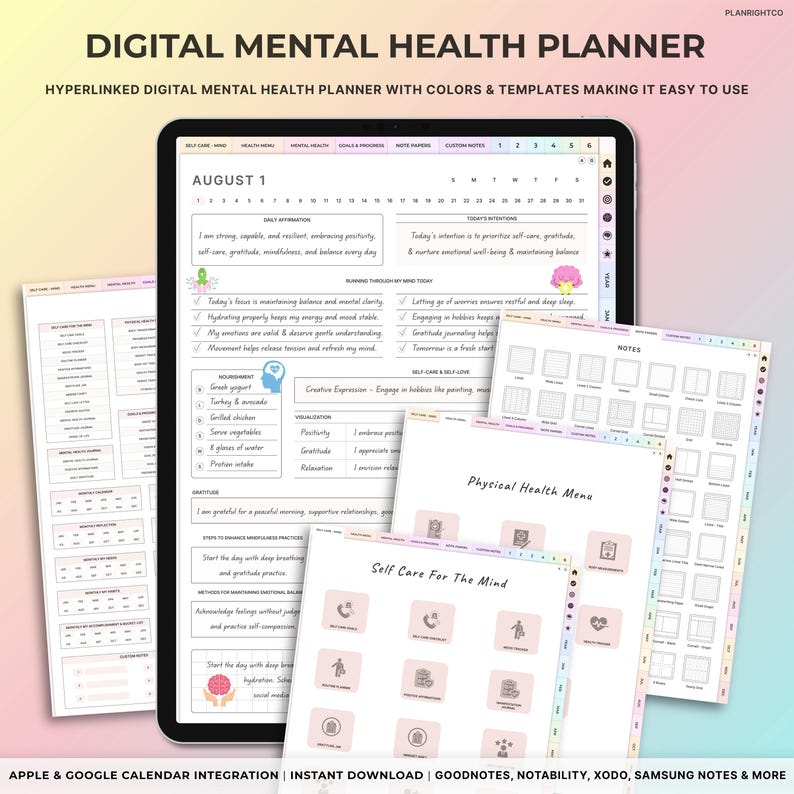 May include: A digital mental health planner with a colorful design. The planner includes sections for self-care, mental health, goals, notes, and a physical health menu. The planner is designed for use with digital note-taking apps like Goodnotes, Notability, Xodo, and Samsung Notes.