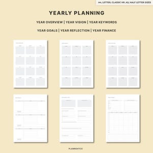 May include: A collection of yearly planning templates in A4, Letter, Classic HP, A5, and Half Letter sizes. The templates include sections for year overview, vision, keywords, goals, reflection, and finance. The text "YEARLY PLANNING" is at the top.