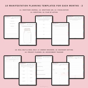 May include: Ten printable manifestation planning templates for each month. The templates include a gratitude journal, gratitude jar, visualisation, scripting, plan of action, real self and ideal self, energy drainers, boundary setting, project planner, and achievement tracker.