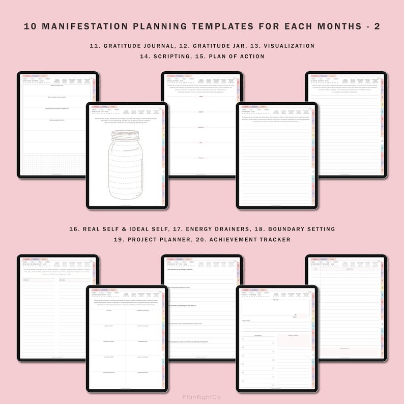 May include: Ten printable manifestation planning templates for each month. The templates include a gratitude journal, gratitude jar, visualisation, scripting, plan of action, real self and ideal self, energy drainers, boundary setting, project planner, and achievement tracker.