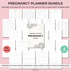 Könnte beinhalten: Ein Schwangerschaftsplaner-Bundle mit druckbaren und ausfüllbaren PDF-Seiten. Das Cover zeigt den Text "PREGNANCY PLANNER" in einer modernen Schriftart mit minimalistischem Design. Enthält über 119 Seiten für die Jahres-, Monats-, Wochen- und Tagesplanung.
