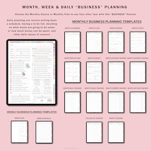 May include: A pink and white printable planner with templates for monthly, weekly, and daily business planning. The planner includes sections for a calendar, reflection, budget, income and expense tracking, bills, sales, orders, returns, follow-up, and profit tracking.