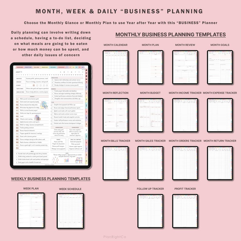 May include: A pink and white printable planner with templates for monthly, weekly, and daily business planning. The planner includes sections for a calendar, reflection, budget, income and expense tracking, bills, sales, orders, returns, follow-up, and profit tracking.