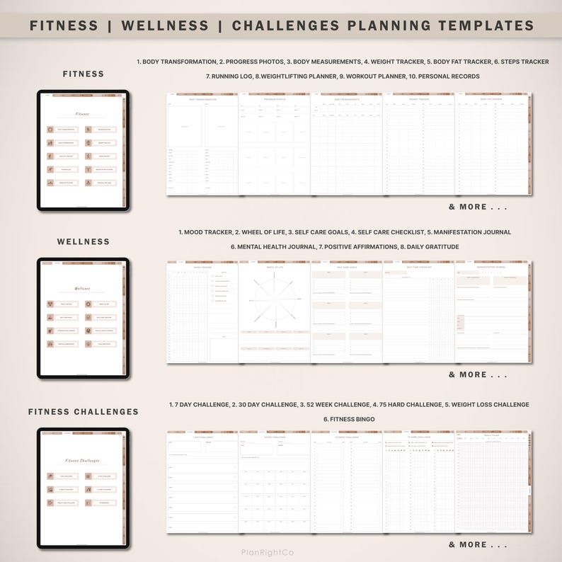 May include: Printable digital planner templates for fitness, wellness, and challenges. The templates include sections for tracking progress, setting goals, and journaling. The templates are designed to help you achieve your fitness and wellness goals.