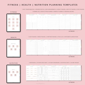 Op de afbeelding: Een digitale planner sjabloon voor fitness, gezondheid en voeding. De afbeelding toont drie verschillende digitale planners, elk met een ander thema. De fitnessplanner bevat pictogrammen voor oefening, de gezondheidsplanner bevat pictogrammen voor slaap en medicijnen, en de voedingsplanner bevat pictogrammen voor recepten en voedsel.