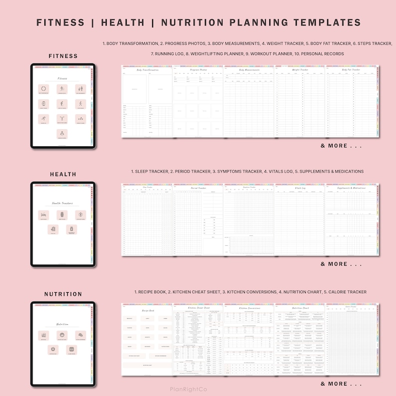 Op de afbeelding: Een digitale planner sjabloon voor fitness, gezondheid en voeding. De afbeelding toont drie verschillende digitale planners, elk met een ander thema. De fitnessplanner bevat pictogrammen voor oefening, de gezondheidsplanner bevat pictogrammen voor slaap en medicijnen, en de voedingsplanner bevat pictogrammen voor recepten en voedsel.