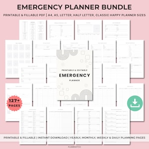 Puede incluir: Un paquete de páginas de planificador de emergencias imprimibles y rellenables. La portada del planificador es blanca con texto negro y diseños geométricos. El paquete incluye más de 127 páginas para planificación anual, mensual, semanal y diaria. El texto de la portada dice "EMERGENCY PLANNER".
