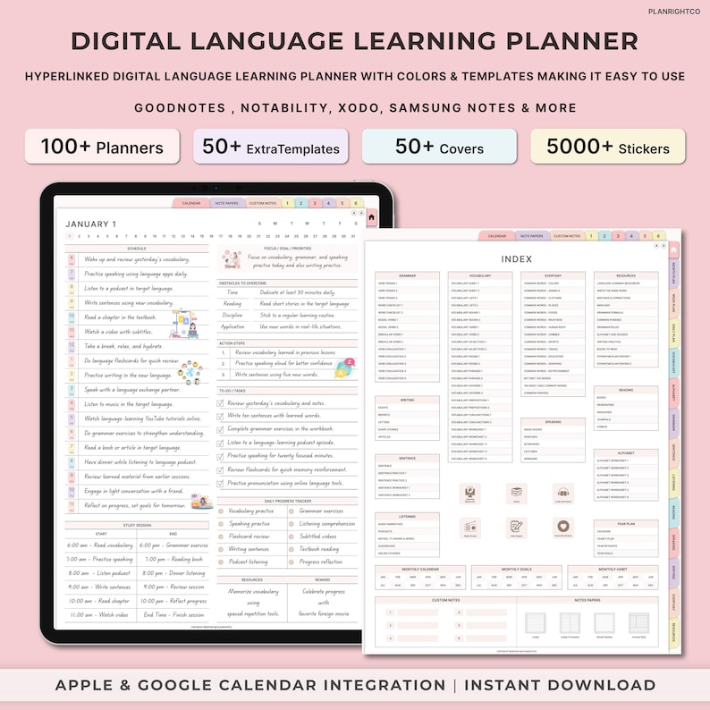 K&ouml;nnte beinhalten: Digitaler Sprachlernplaner mit einem rosa-wei&szlig;en Farbschema. Der Planer enth&auml;lt einen Kalender, ein Index und einen t&auml;glichen Fortschritts-Tracker. Der Planer ist kompatibel mit Goodnotes, Notability, Xodo, Samsung Notes und mehr. Er enth&auml;lt &uuml;ber 100 Planer, &uuml;ber 50 zus&auml;tzliche Vorlagen, &uuml;ber 50 Cover und &uuml;ber 5000 Sticker.