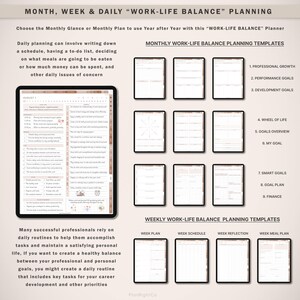 Op de afbeelding: Digitale planner met "WORK-LIFE BALANCE" planning templates. Bevat maandelijkse, wekelijkse en dagelijkse planningsopties. Beschikt over sjablonen voor professionele groei, doelen en financi&euml;n. De planner is ontworpen om gebruikers te helpen een evenwichtige dagelijkse routine te cre&euml;ren.