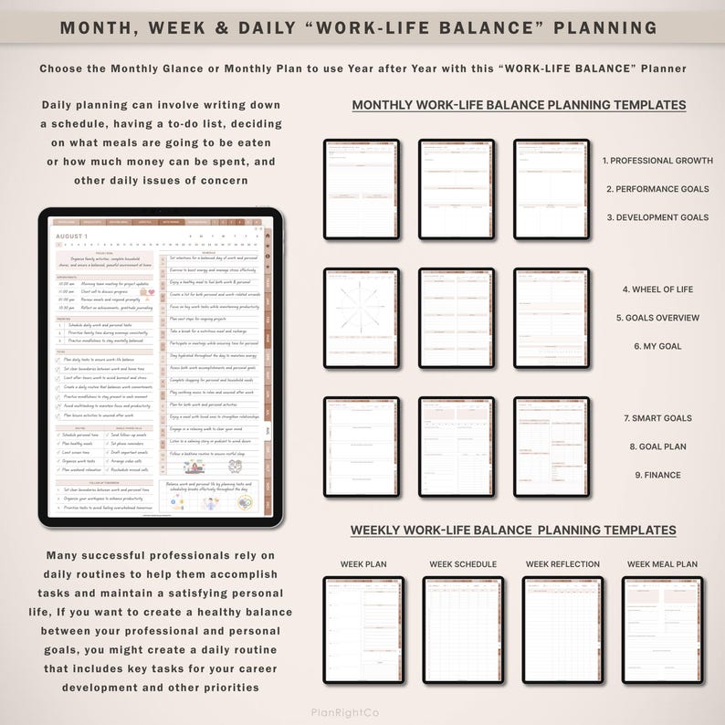 Op de afbeelding: Digitale planner met "WORK-LIFE BALANCE" planning templates. Bevat maandelijkse, wekelijkse en dagelijkse planningsopties. Beschikt over sjablonen voor professionele groei, doelen en financi&euml;n. De planner is ontworpen om gebruikers te helpen een evenwichtige dagelijkse routine te cre&euml;ren.