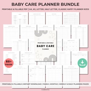 Puede incluir: Un paquete de planificador de cuidado del bebé con páginas PDF imprimibles y rellenables. La portada presenta el texto "Baby Care Planner" con un diseño minimalista. Incluye más de 80 páginas para la planificación anual, mensual, semanal y diaria.