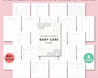 May include: A baby care planner bundle with printable and fillable PDF pages. The cover features the text "Baby Care Planner" with a minimalist design. Includes over 80 pages for yearly, monthly, weekly, and daily planning.