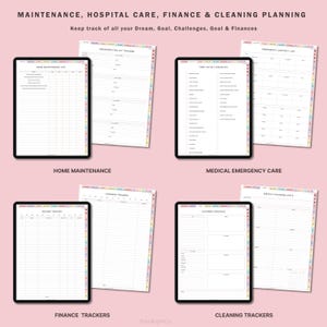May include: Four digital planners on a pink background. The planners are for home maintenance, medical emergency care, finance tracking, and cleaning. Each planner has a colorful border and is labeled with the category it covers.