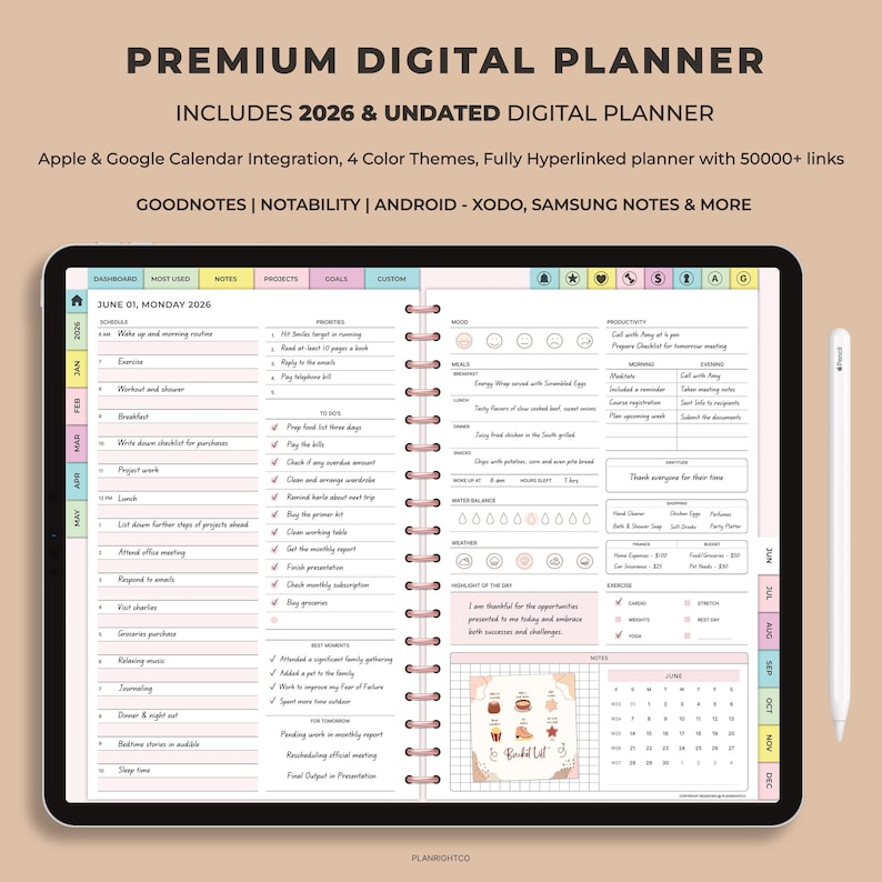 Op de afbeelding: Een digitale planner op een tablet met een witte stylus. De planner bevat secties voor planning, doelen en notities. De tekst bovenaan luidt "PREMIUM DIGITAL PLANNER" en "INCLUDES 2026 & UNDATED DIGITAL PLANNER". De planner heeft een roze en wit kleurenschema.