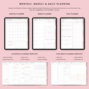 Pu&ograve; includere: Un planner digitale con sei modelli di pianificazione mensile e quattro modelli di pianificazione settimanale. I modelli includono un calendario, un piano, obiettivi, riflessione, finanze, tracker, piano settimanale, programma, riflessione e piano pasto. Il planner &egrave; progettato per l'uso su un tablet o un computer.